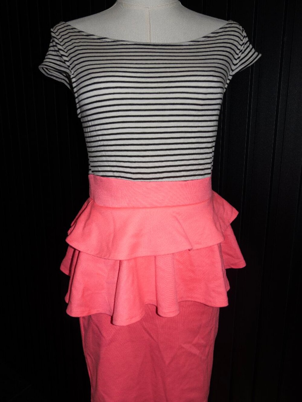 Striped Colorblock Tiered Peplum Midi Dress Black White Coral Pink
